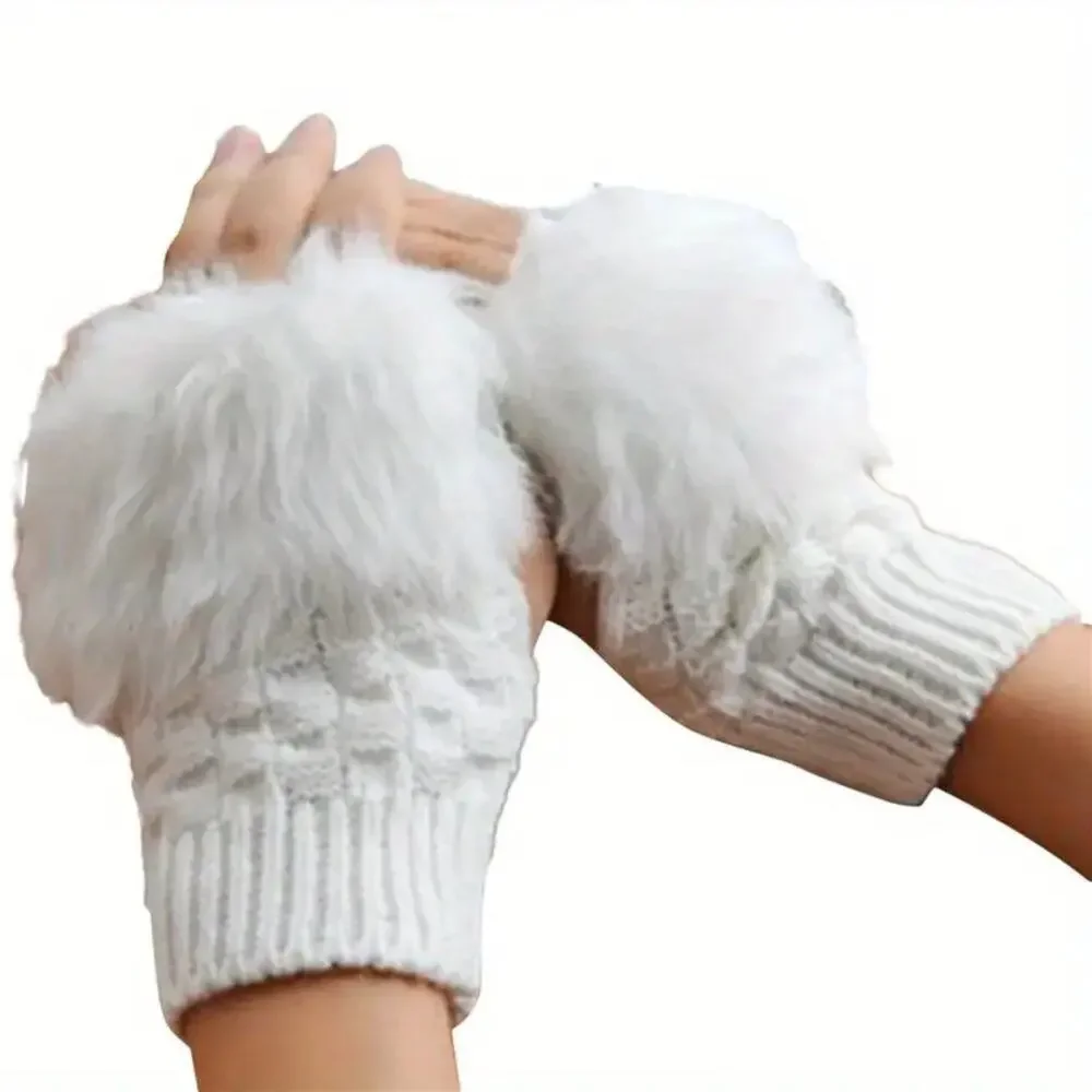 Plush Warm Ribbed Knitted Fingerless Gloves - White